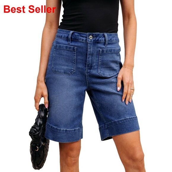 Pants - High Waisted Denim Bermuda Shorts with Patch Pockets, Stretchy Fabric